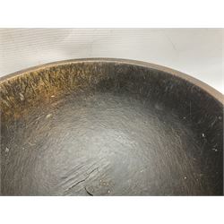 19th century pole lathe turned sycamore bowl, the interior housing lead liner, the exterior decorated with bands of deep grooves, D28cm