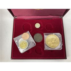 Coins and part sets, including Queen Elizabeth II Bailiwick of Guernsey 2002 silver proof five pounds, Solomon Islands silver proof five dollars and four other similar silver coins, Bailiwick of Guernsey 1997 silver proof one pound, part set of the 1981 commemorative proof coin collection (missing gold coins) etc