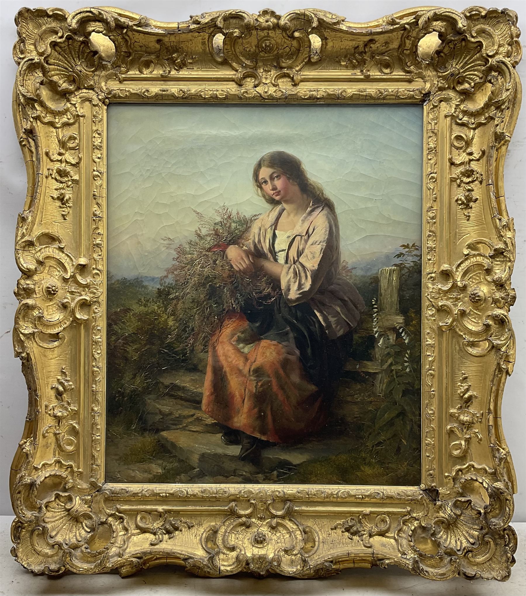 Edward John Cobbett (British 1815-1899): Young Woman Gathering Heather, oil on canvas signed 60cm x 50cm