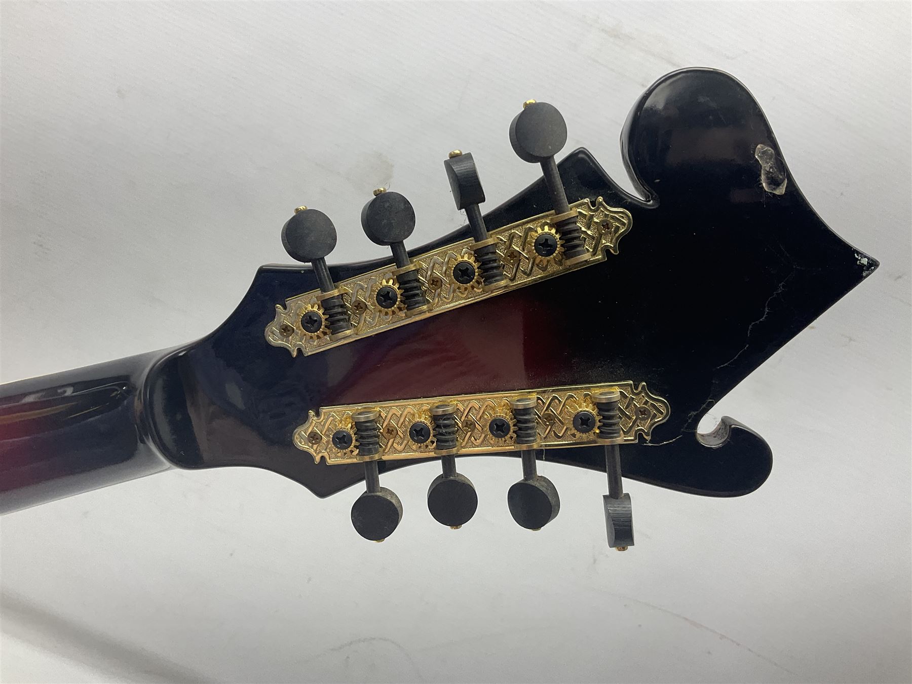 Eastern eight-string mandolin with red sunburst finish and mother-of-pearl inlay of eagles, clouds, trees etc L86cm; in fitted hard carrying case