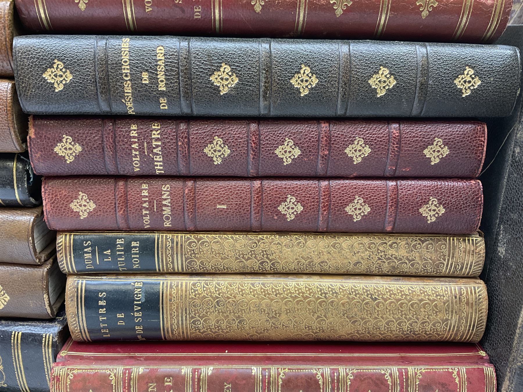 Twenty-seven 19th century leather bound books including The History of Napoleon Edited by R.H. Horne.1841; The Great Diamonds of the World by Edwin W. Streeter. 1882 Second edition; works by Voltaire; etc (27)