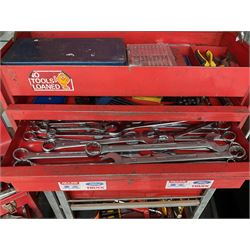Tool workstation with Snap-on three drawer lockable tool box and tools, feeler gauges, wire strippers, screw drivers torque wrenches, and other  - THIS LOT IS TO BE COLLECTED BY APPOINTMENT FROM DUGGLEBY STORAGE, GREAT HILL, EASTFIELD, SCARBOROUGH, YO11 3TX