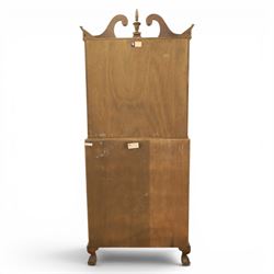 Maddox of Jamestown New York - Georgian design mahogany bureau bookcase, broken arch pediment with central finial, astragal glazed bookcase, above a fall front writing slope with fitted interior, four serpentine drawers, raised on claw on ball feet 
