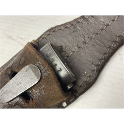 WWII German K98 Mauser bayonet by E. & F. Horster, the 24.5cm fullered blade marked 43aSW for 1943, numerous inspection marks to blade and pommel, bakelite grips and bluing to metal parts; in steel scabbard with corresponding numbers and leather frog L42cm overall