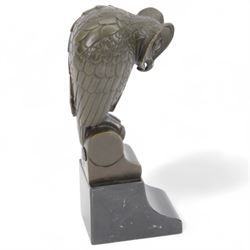 Bronze figure of a stylised eagle owl upon a marble base, H25cm 