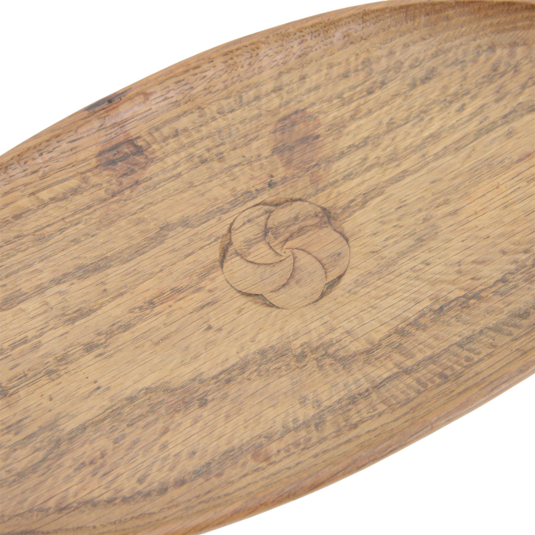 Gnomeman - tooled oak dish, carved with rose motif to the center, carved beneath with gnome signature, by Thomas Whittaker, Littlebeck, L36cm