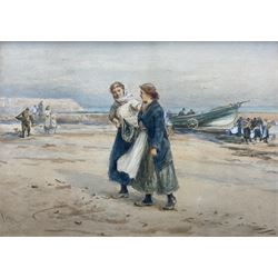 Robert Jobling (Staithes Group 1841-1923): Fisherfolk on the Beach at Cullercoats, watercolour signed 25cm x 36cm