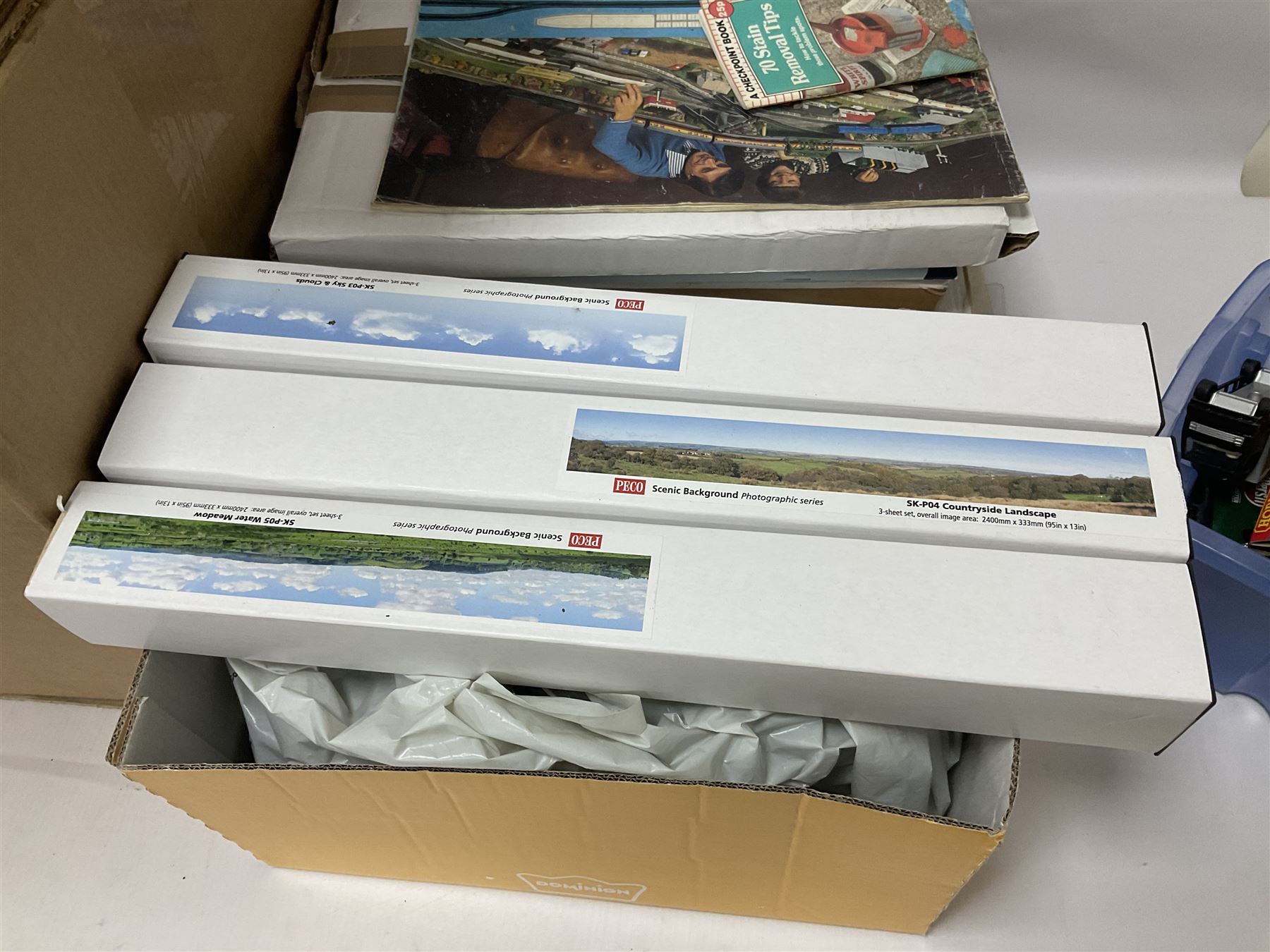 Extensive collection of scratch built buildings for use on ‘00’ gauge model railway layout, small amount of accessories and tools with a quantity of railway magazines and leaflets, in three boxes 