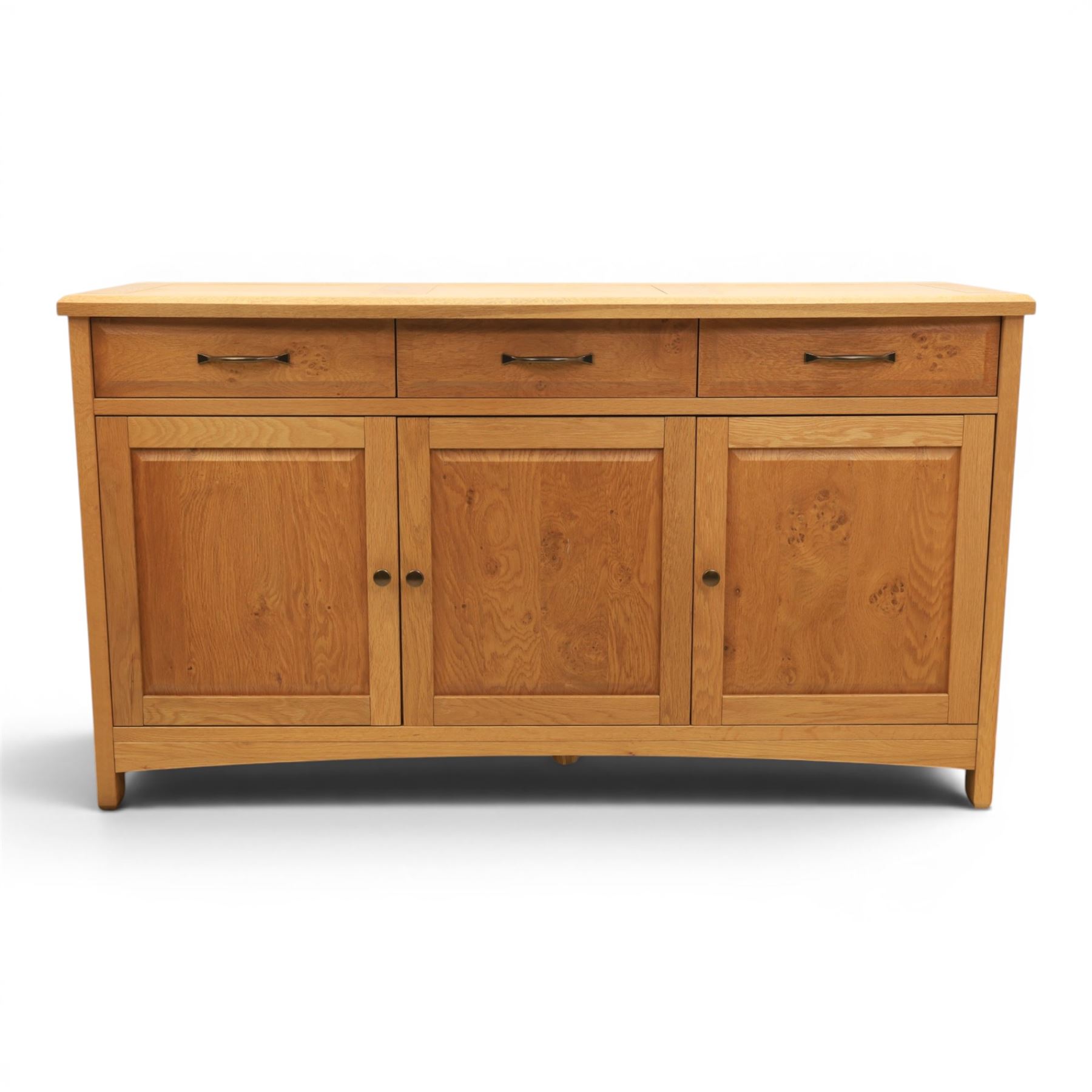 Contemporary light oak sideboard, three cupboards and three soft close drawers