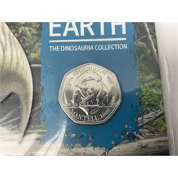 Three The Royal Mint United Kingdom 2020 'Tales of The Earth' commemorative fifty pence coins, comprising 'Megalosaurus', 'Hylaeosaurus' and 'Iguanodon', all on cards in plastic packaging (3)