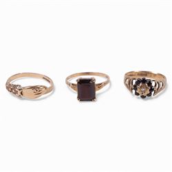 Three 9ct gold rings, including hand ring and two stone set rings, hallmarked 
