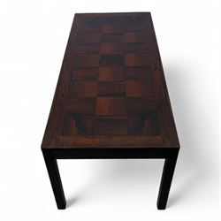 Heggen, Norway - 1970s parquetry veneered rosewood coffee table, the top with 'patchwork' parquetry design, raised on square-section supports