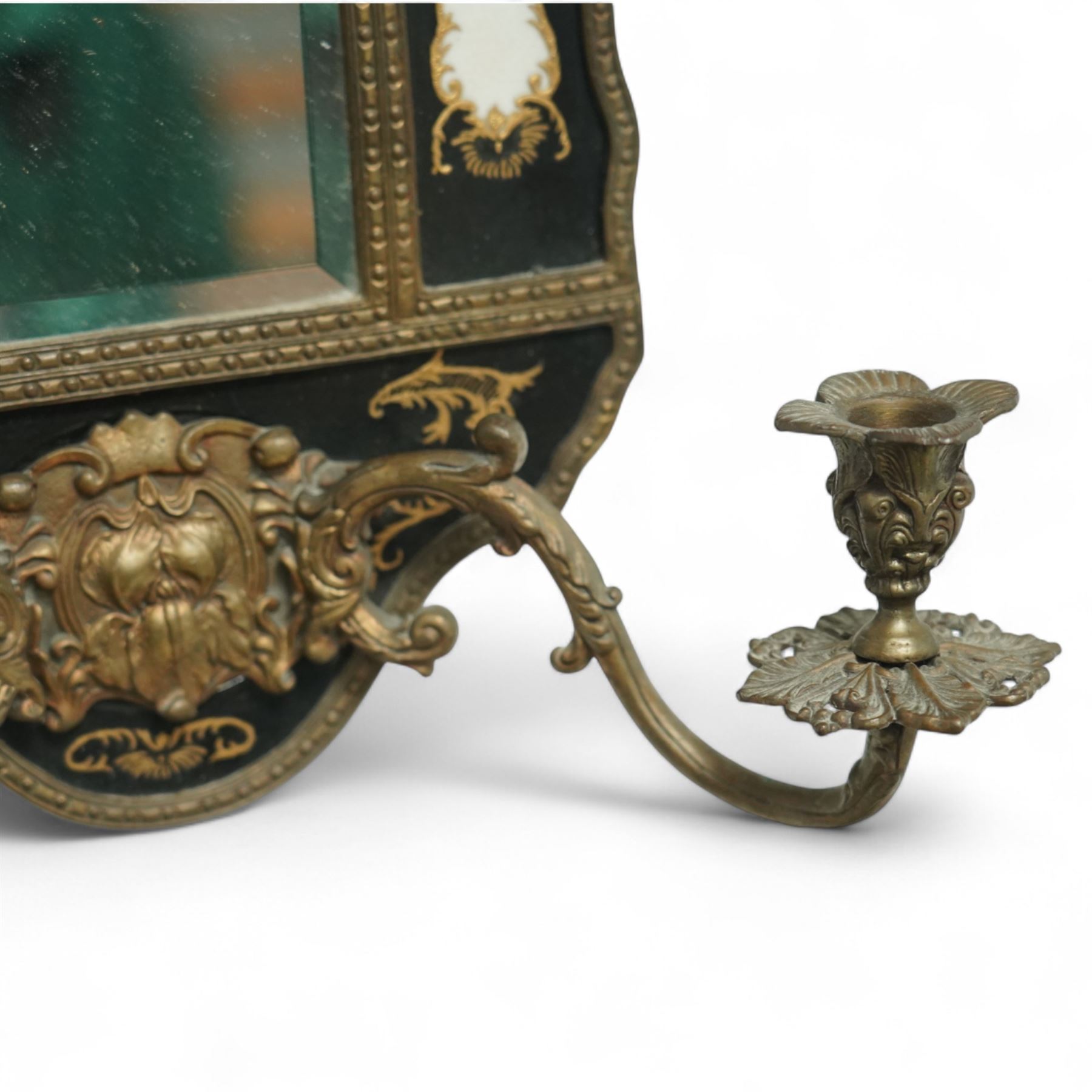 William Lowe - pair of early 20th century Rococo style girandole wall lights with bevelled plates within chinoiserie painted porcelain frames decorated with exotic birds, within bronze frames 