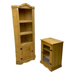 Pine media or television cabinet, enclosed by single glazed door (W56cm, H82cm, D43cm); pine corner cupboard, three shelves over single cupboard (W76cm, H188cm); pine two-tier plate rack with shaped frieze and uprights (W113cm, H107cm)