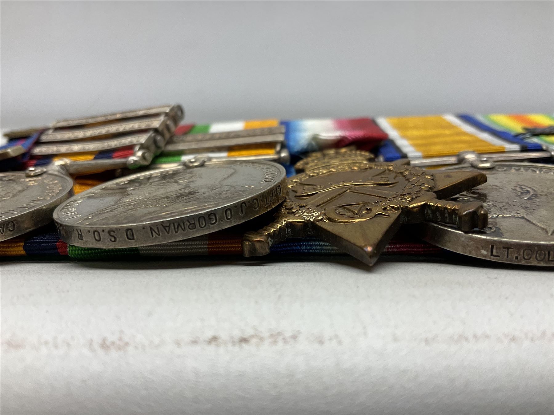 South Africa/WW1 Distinguished Service Order group of seven medals comprising D.S,O. with original ribbon bar and top bar slider, Queens South Africa Medal with three clasps for Defence of Kimberley, Orange Free State and Transvaal, Kings South Africa Medal with two clasps for South Africa 1901 & 1902 awarded to Capt. C.J. O'Gorman D.S.O. R.A.M.C., 1914-15 Star, British War Medal and Victory Medal with MID oak leaves awarded to Major (later Lt. Col.) C.J. O'Gorman D.S.O. R.A.M.C. and Kimberley Star 1899-1900; together with copies of research and biographical material