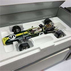 A-Model Classic Models - three 1:18 scale die-cast models of racing cars comprising Lotus 49B U.S.A. G.P. 68 Mario Andretti, Lotus 72D 'JPS' Winner British G.P. 72 Emerson Fittipaldi and Lotus 49 Winner British G.P. 67 Jim Clark, all boxed (3)
