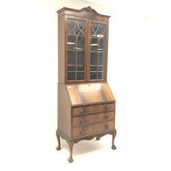  Early 20th century mahogany bureau bookcase, two astragal glazed doors enclosing three shelves above fall front, cabriole legs on ball and claw feet, W79cm, H208cm, D46cm  