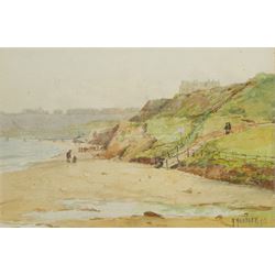 Albert Edward Horsley (British 1861-post1930): Figures and Donkeys on Scarborough North Bay with the Pier in the background, watercolour signed and dated '95, 20cm x 29cm 
Notes: the Pier was a short lived feature in Scarborough's history; it first opened to the public on 1st May 1869 but was almost totally wrecked in the gales of January 1905. 
Albert Horsley, son of Scarborough picture framer John Horsley, studied under Albert Strange at the Scarborough School of Art where he later worked as Assistant Master from around 1895. He also appears to have worked as a framer like his father as this is his stated profession in the 1891 census and the 1911 trade directory, where he is recorded as living at 4 York Place.