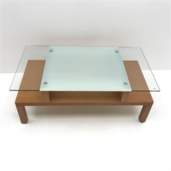 Glass top coffee table with cherry undertier on square supports, W111cm, H43cm, D60cm