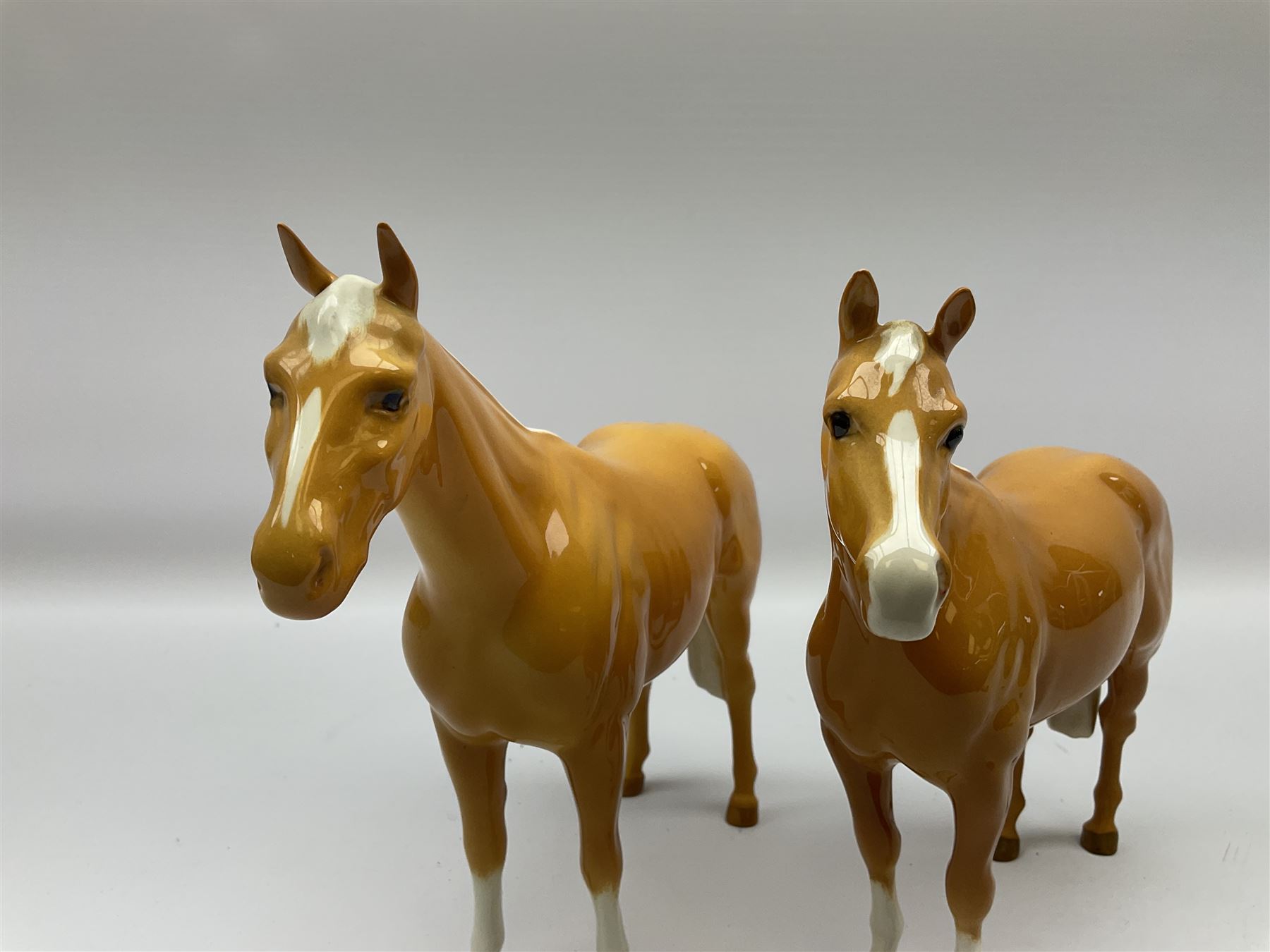 Two Beswick Palomino horse figures, comprising 'Imperial' Palomino, model no. 1557, designed by Albert Hallam and James Hayward, together with Palomino Arab model no. 1771, both stamped, tallest H20cm
