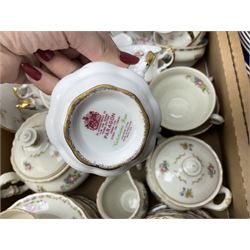 Large quantity of tea wares to include Copeland Spode, Japanese examples, Duchess, Paragon, Epiag floral examples, etc in four boxes