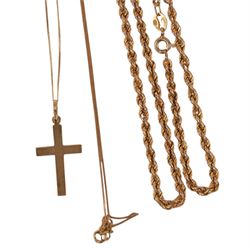 9ct gold jewellery, including gold cross pendant, rope necklace, stud and pendant earrings