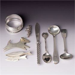 Assorted silver including two 19th century condiment spoons, coffee spoon, napkin ring, kn...