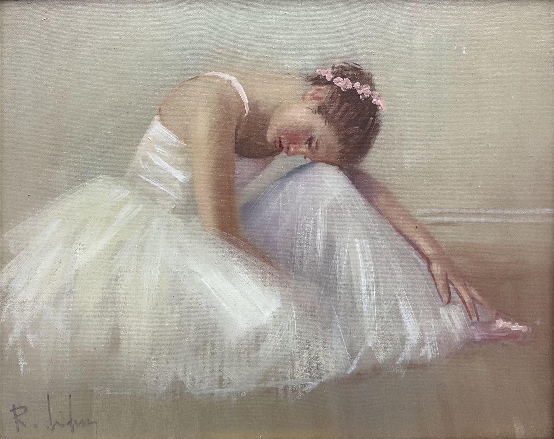 Salvatore Rodriquez (Italian 1934-): Ballerina, oil on canvas signed 23cm x 29cm