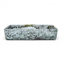 Pair of rectangular weathered cast stone planters, ornate moulded detail