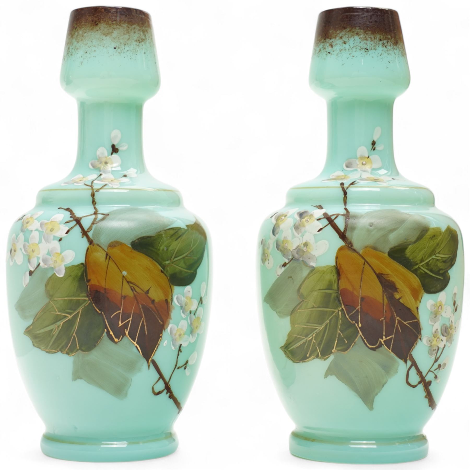 Pair of Victorian glass mantel vases hung with lustre drops