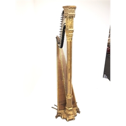  Erard inlaid giltwood and bird's eye maple framed forty-six string Gothic concert harp inscribed 'Sebastian Erard Patent no. 6294, 18, Great Marlborough Street, London', hexagonal column carved with figures to the capital and with overlaid gilded stylised flowers to the stepped base, seven pedals, W93cm, H177cm  