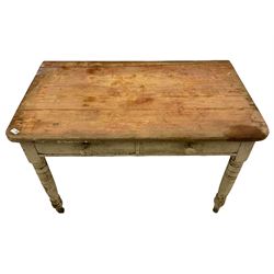 Victorian pine table, stripped top over painted base fitted with two drawers, turned supports