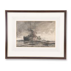 William Lionel Wyllie RA (British 1851-1931): HMS Blenheim, returning home with the body of the late Prince of Battenberg after it had been transferred to her from HMS Blonde at Maderia, monochrome watercolour signed 23cm x 33cm 
Provenance: original illustration for The Graphic pub. 8th February 1896; purchased David Duggleby Ltd 17th July 2020 Lot 8. HMS Blenheim was a Blake-class first class protected cruiser that served in the Royal Navy from 1890-1926. She was built by Thames Ironworks & Shipbuilding Company at Leamouth, London.