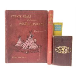 Brayley Edward Wedlake: A Picturesque Tour Through .... Yorkshire & Derbyshire; By the late Edward Dayes. 1825 Second Edition. Illustrated. Rebound in plain red cloth; Humfreville J. Lee: Twenty Years Among Our Hostile Indians. 1899. Fully illustrated; Williams-Ellis: In And Out Of Doors. 1937 First Edition. Pocket inside back board containing Magic Carpet and cards; and Holden's Pocket Almanack 1915 with folding chart (4)
