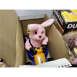 Collection of Duracell Bunny collectibles to include Racing Bunny, Fireman Bunny, Dancing Bunny etc in original boxes; Bandai collectable characters, Gremlins 2 Gizmo plushies from Applause, further soft toys and collectables etc, in three boxes 