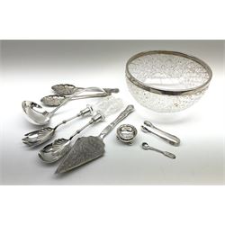A late Victorian silver mounted cut glass bowl, hallmarked London 1898, maker's mark worn and indistinct, D23cm, together with a pair of matched pair of silver plated and glass handled salad servers, and a small selection of silver plate, to include a pair of berry spoons, cake slice, ladle, etc. 