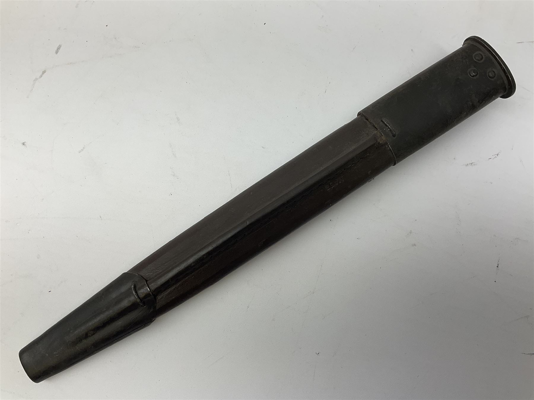 Australian Owen sub-machine gun bayonet, the 25.5cm fullered steel blade marked '53'; in metal bound wooden scabbard marled MA53 L41cm overall