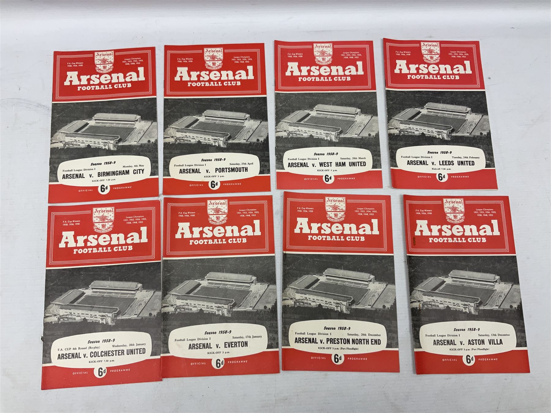 Arsenal F.C. - forty-nine home programmes for 1956/57 (21), 1957/58 (13) & 1958/59 (15) including Division One, F.A. Cup (including replays) and Friendly Matches (49). Auctioneers Note: The February 1st match against Manchester United (result Arsenal 4 Manchester United 5) was the final domestic league match played by the Manchester United first team before the Munich Air Crash - thus it was the last game played in the U.K. by the 'Busby Babes', before the tragic death of several of these players.