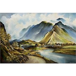 D J Strickland (British 20th century): Mountainous River Landscape, oil on canvas signed and dated '69, 60cm x 90cm