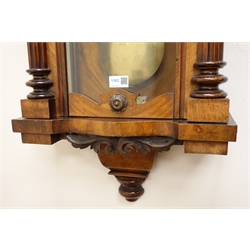  Victorian walnut Vienna wall clock with pierced cresting, circular Roman dial with subsidiary seconds, twin weight movement striking the hours on a gong, H123cm  
