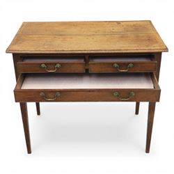 George III oak side table, with rectangular banded top, fitted with two short over three drawers, with brass swan neck handles, raised on square tapering supports