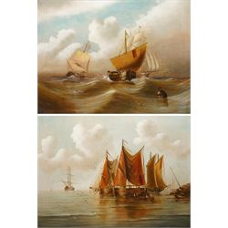 English School (Early 20th century): Fishing in Calm and Rough Seas, pair oils on canvas u...