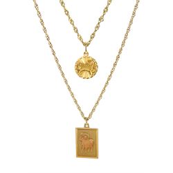 9ct gold Aries zodiac pendant necklace and one other 17ct gold Aries pendant, on 9ct gold chain