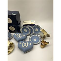 Portmeirion glass bowl,  Wedgwood jasper ware trinket boxes and other items, Wedgwood 'The Imperial Banquet' figure, small Royal Doulton and other character jugs etc, in one box