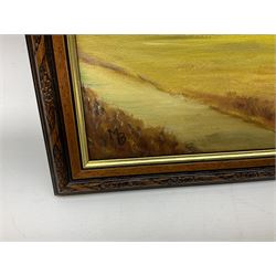 Hector Fraser (British 20th century): 'River Meadow', oil on board signed and dated 1973 together with two similar oils by different hands max 40cm x 60cm (3)