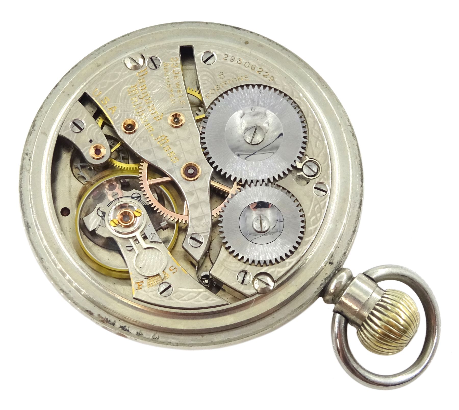 WWII Royal Navy nickel pocket watch by Waltham Vanguard, 23 jewels lever movement, white enamel dial with Arabic numerals and subsidiary seconds dial, the back case with broad arrow and engraved Bravingtons