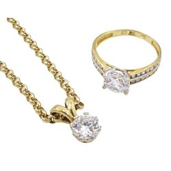 Gold single stone cubic zirconia pendant necklace and a gold cubic zirconia dress ring, both hallmarked 9ct