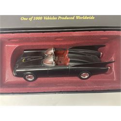 Two Corgi DC Comics die-cast Batmobiles comprising 1:18 scale die-cast Limited Edition Pre-Production Raw Metal Casting 1940 Batmobile Roadster no. 184/300, and 1:24 scale die-cast Limited Edition Raw Metal Casting 1960 Batmobile no. 858/1000, both with original boxes and certificates of authenticity 