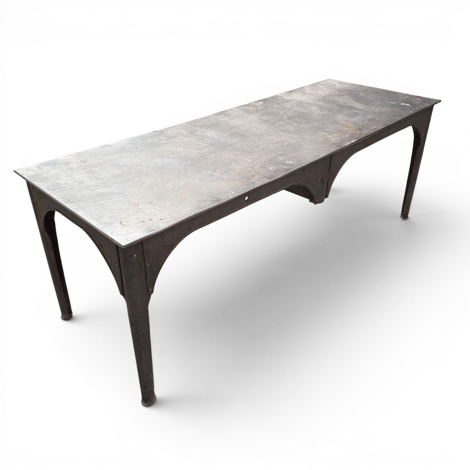 Large galvanised steel industrial or work table, rectangular top over tapering supports, stamped APVO