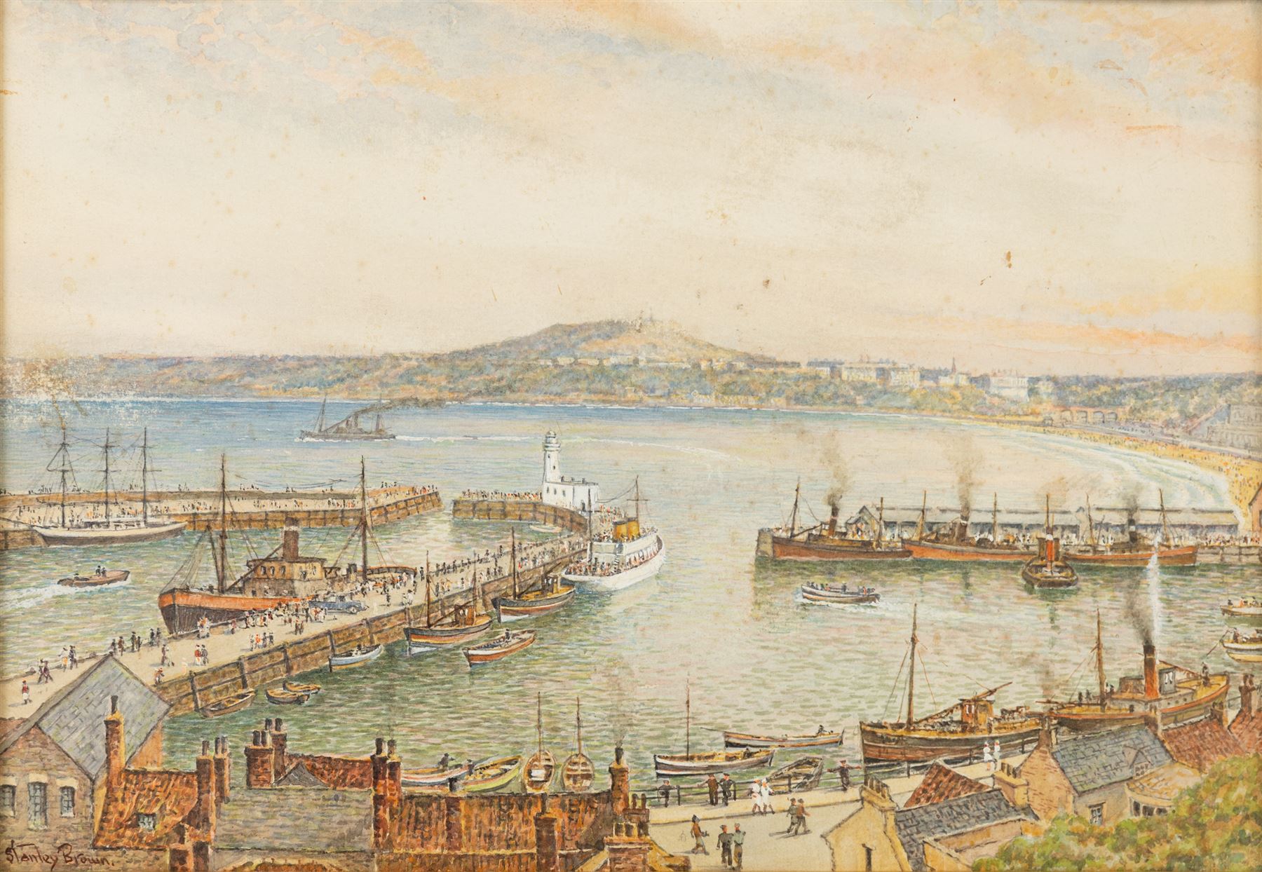 Nathan Stanley Brown (British 1890-1980): Scarborough Harbour on a Summer's Day, watercolour signed 25cm x 37cm